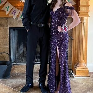 Bargain Buy!!  Purple Sequin Dress/Draped Dangling Beads from Shoulders!